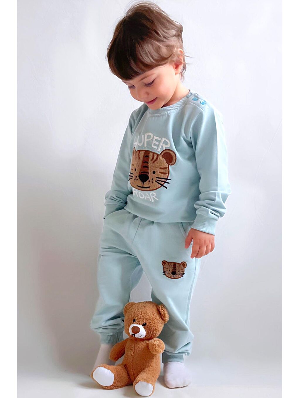 Turkuaz Erkek Çocuk Eşofman Takımı Sevimli Kaplan Nakışlı Su Yeşili (1-4 Yaş)-1