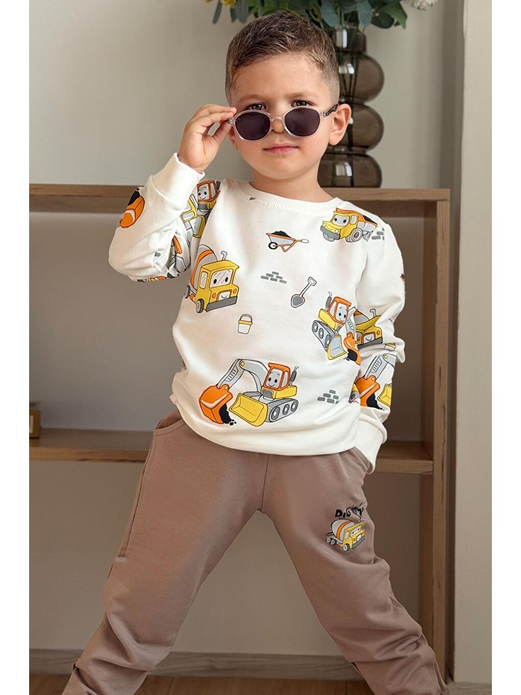 Erkek Çocuk Eşofman Takımı Küçük Operatör Çalışkan İş Makineleri Ekru (1-3 Yaş)-3