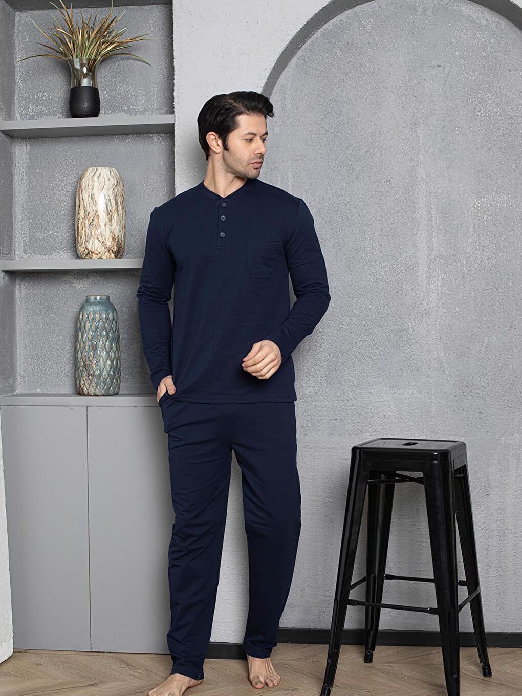 Lacivert Erkek Pijama Takımı Düz Üst Cepli Pamuklu Mevsimlik