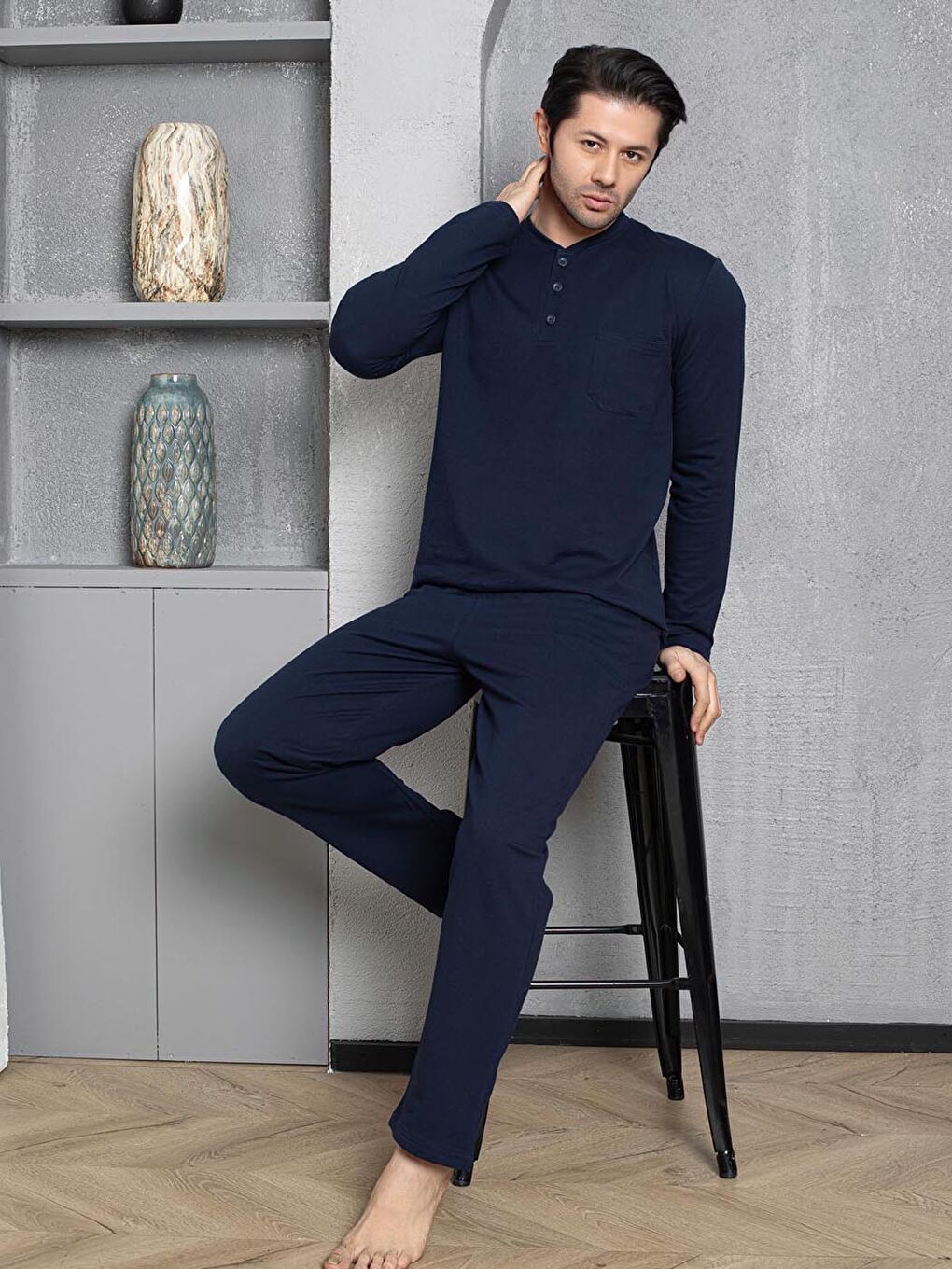 Lacivert Erkek Pijama Takımı Düz Üst Cepli Pamuklu Mevsimlik-1