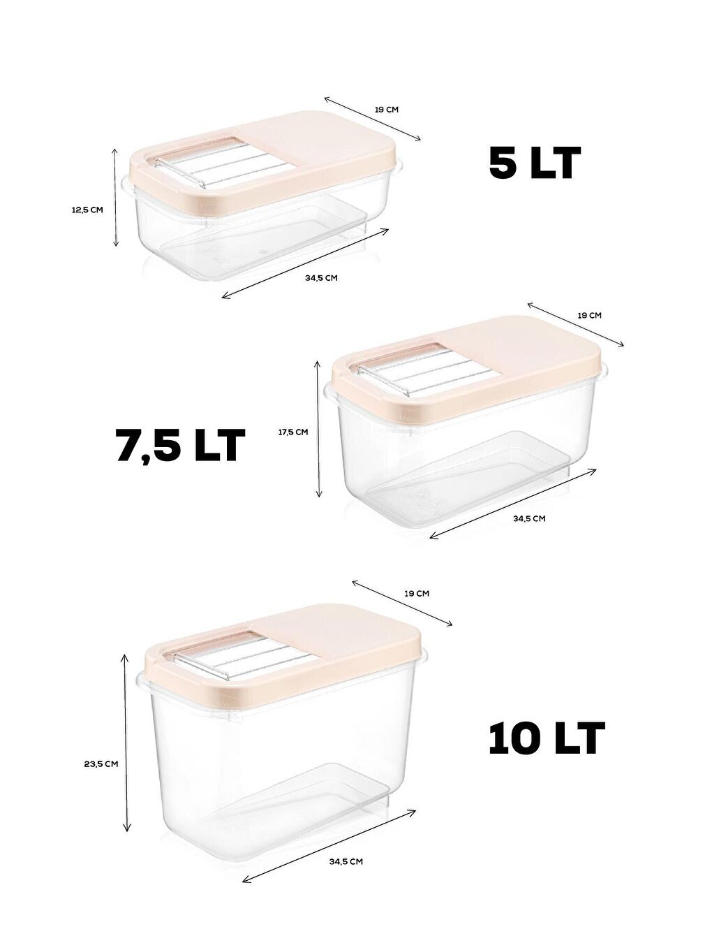 Meleni Home Antrasit 3'lü Set Bakliyat Saklama Kabı - Kayar Kapaklı Erzak Saklama Kabı Un Kabı Krem 5 Lt-7,5 Lt-10 Lt - 1