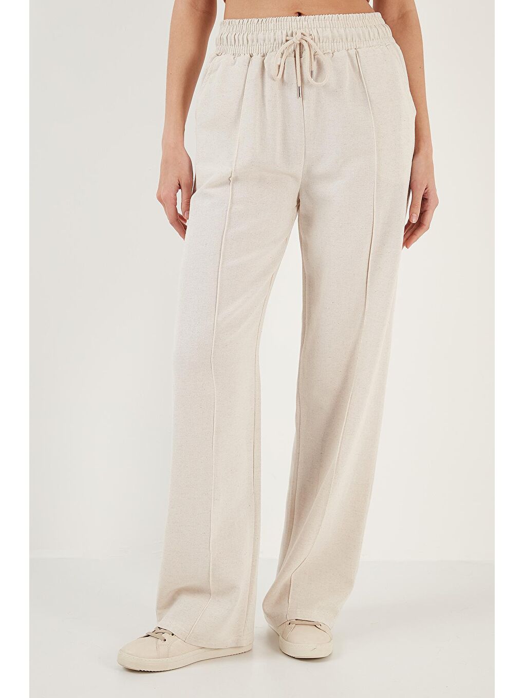 Bej Pamuk ve Keten Karışımlı Yüksek Bel Rahat Kesim Bol Paça Spor Pantolon 5865022-2