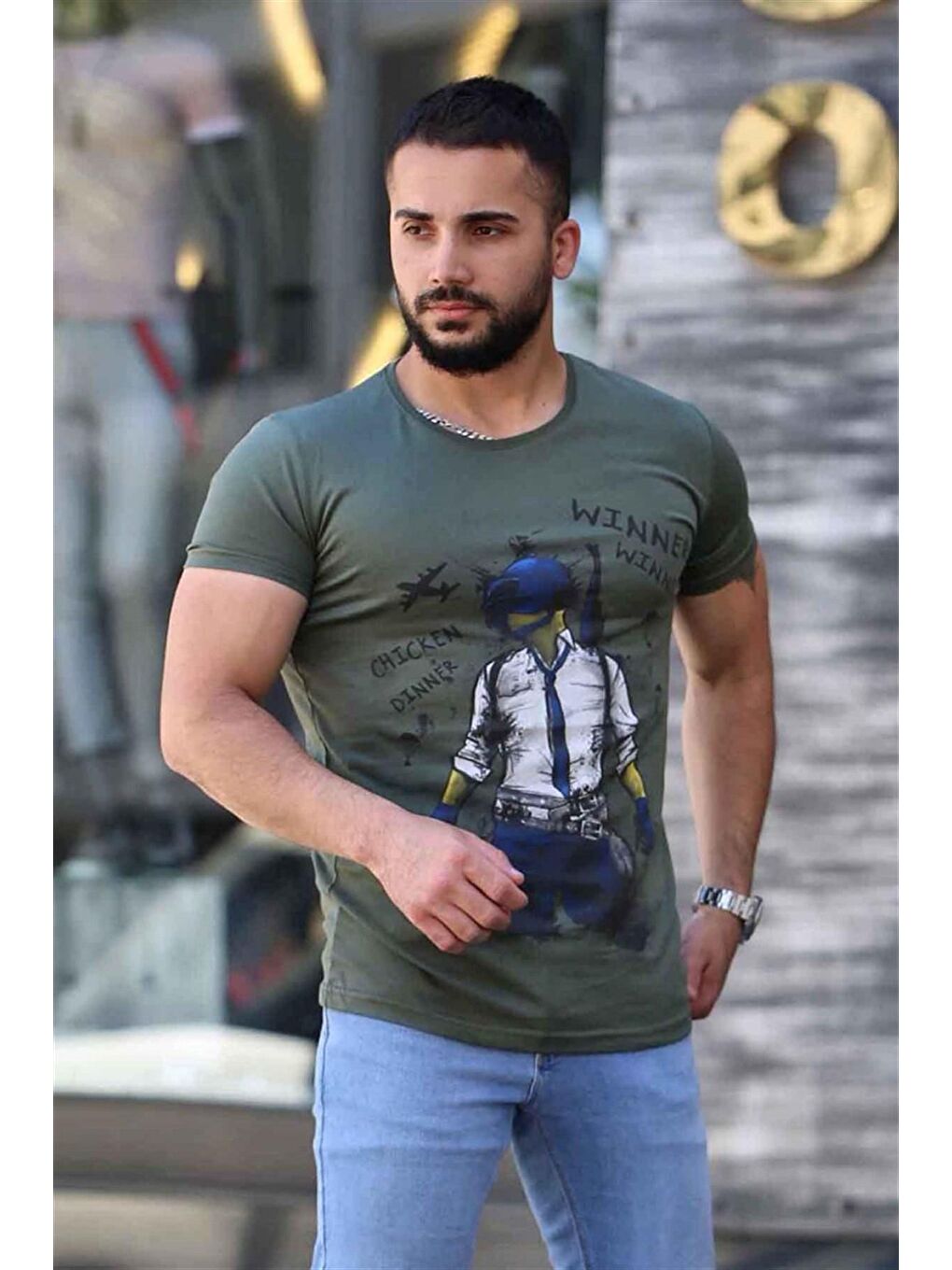 Baskılı Haki Tişört 4028-1