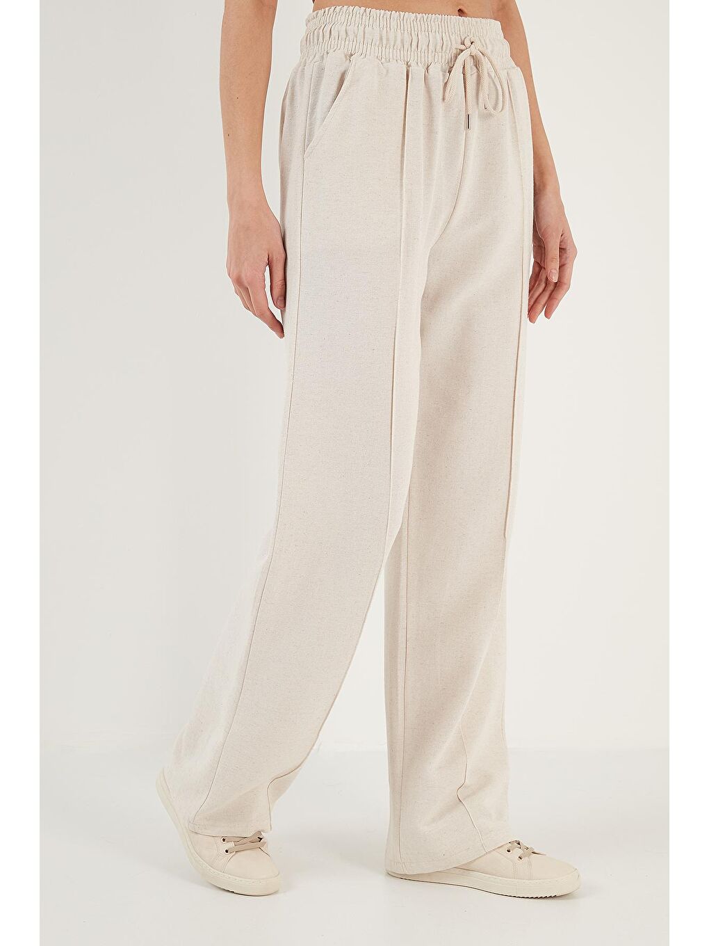 Bej Pamuk ve Keten Karışımlı Yüksek Bel Rahat Kesim Bol Paça Spor Pantolon 5865022-4