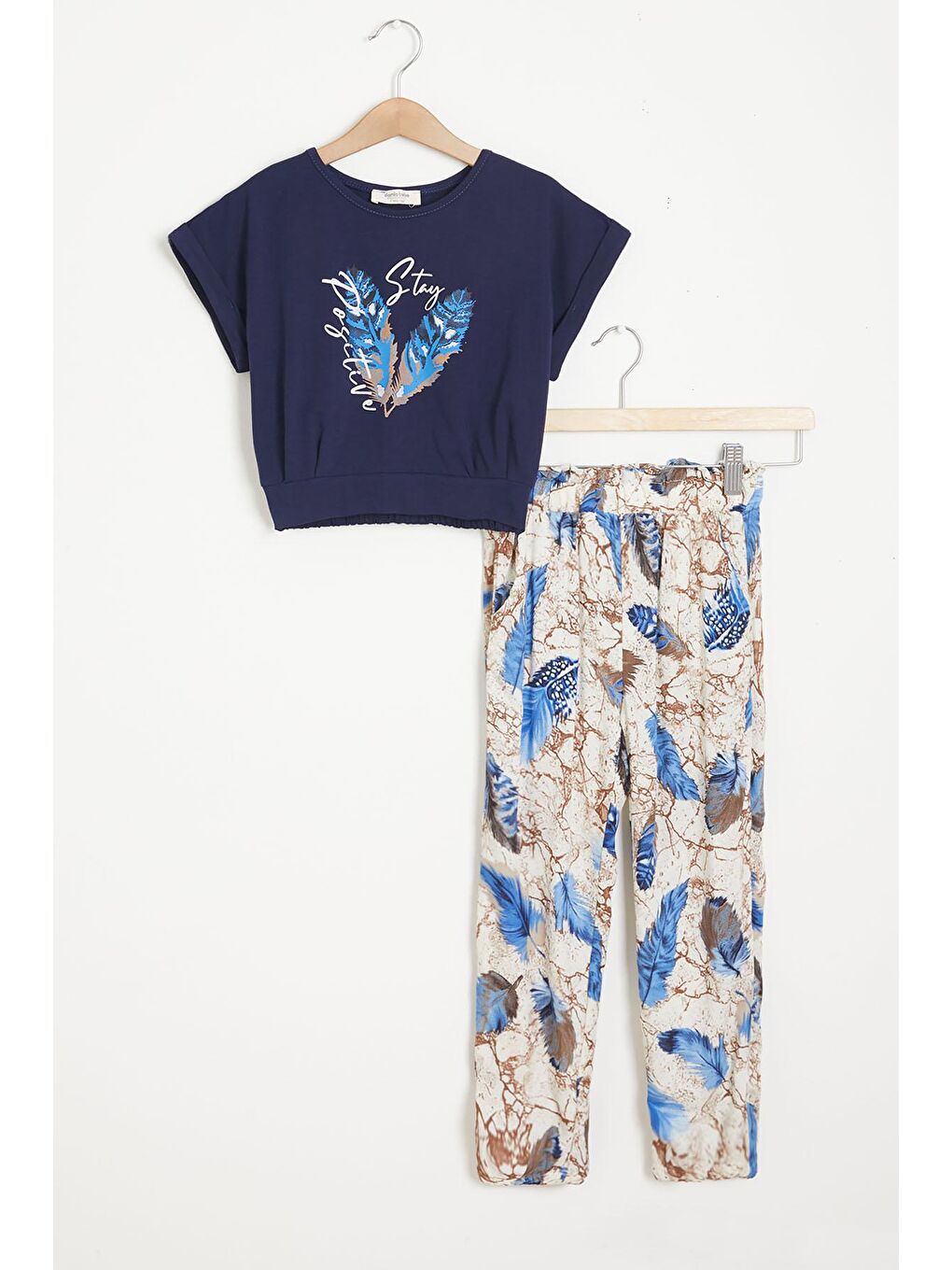 Lacivert Yaprak Baskılı Bluz Pantolon Kız Takım 15517
