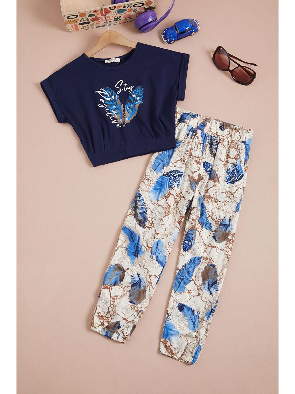 Lacivert Yaprak Baskılı Bluz Pantolon Kız Takım 15517-1