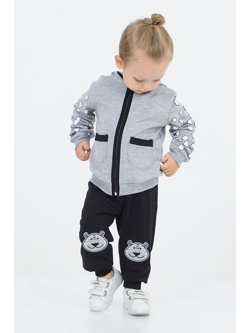 Gri Ayıcık Nakışlı Kapüşonlu Hırkalı Erkek Bebek Takımı 16627-1
