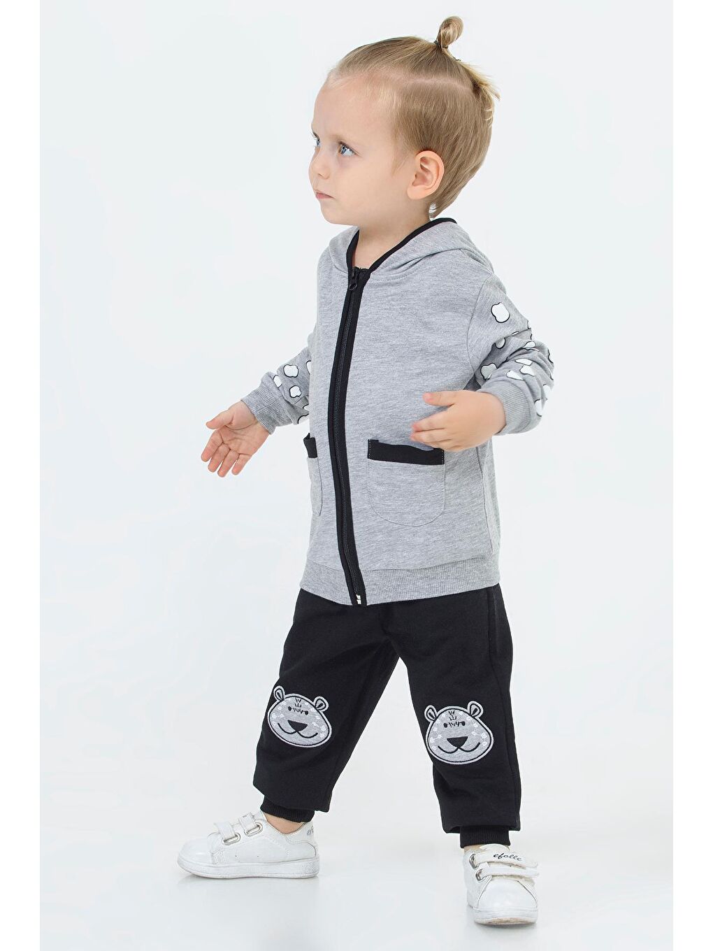 Gri Ayıcık Nakışlı Kapüşonlu Hırkalı Erkek Bebek Takımı 16627-2
