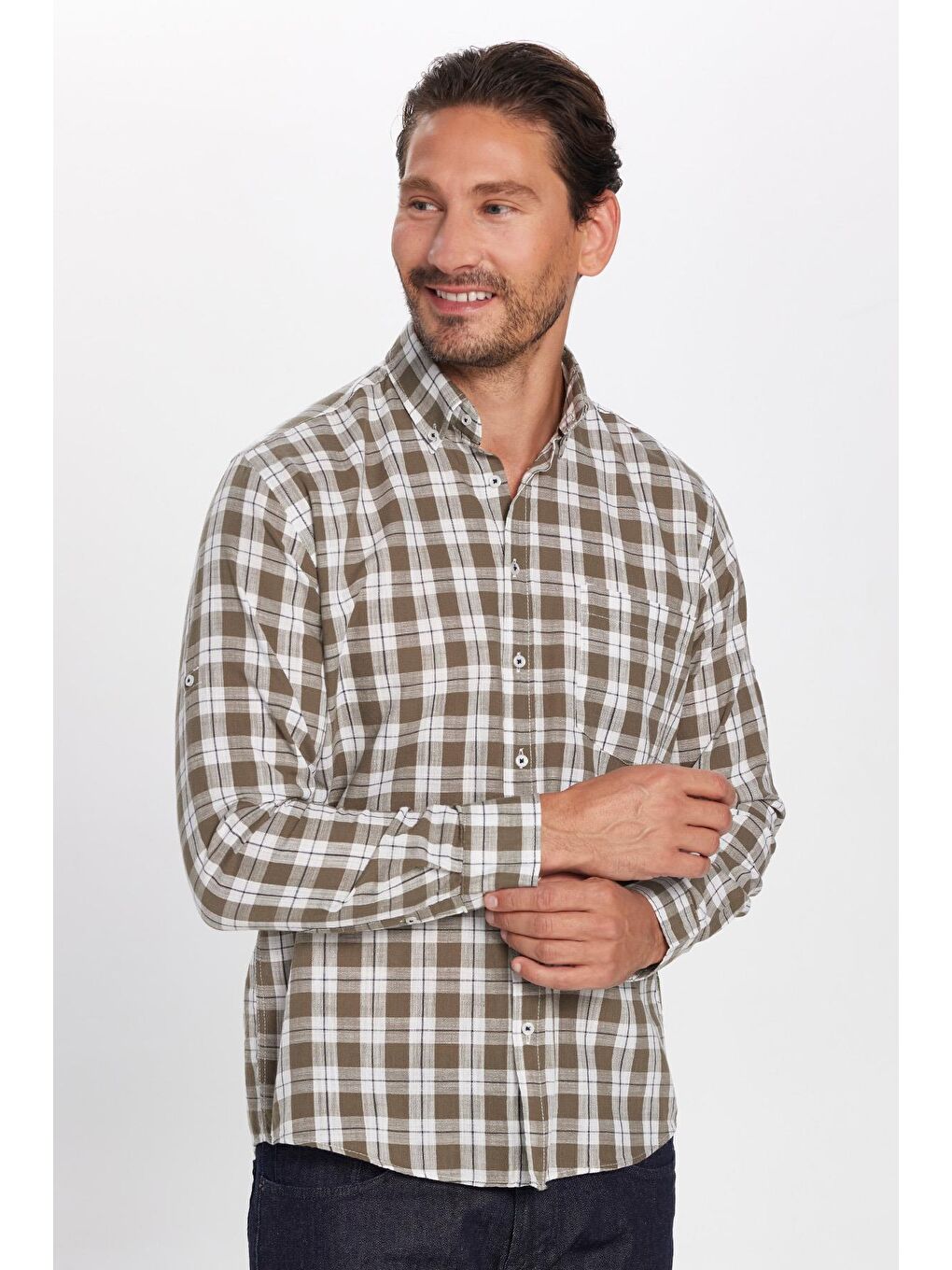 Karışık Erkek Regular Fit Klasik Kesim %100 Pamuk Keten Doku Tek Cepli Kareli Düğmeli Yaka Gömlek