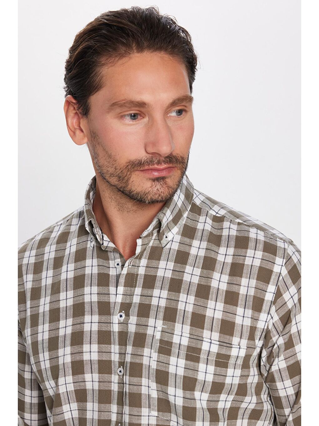 Karışık Erkek Regular Fit Klasik Kesim %100 Pamuk Keten Doku Tek Cepli Kareli Düğmeli Yaka Gömlek-1