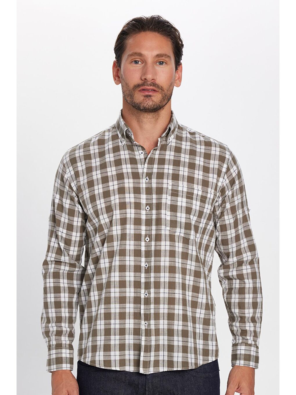 Karışık Erkek Regular Fit Klasik Kesim %100 Pamuk Keten Doku Tek Cepli Kareli Düğmeli Yaka Gömlek-2