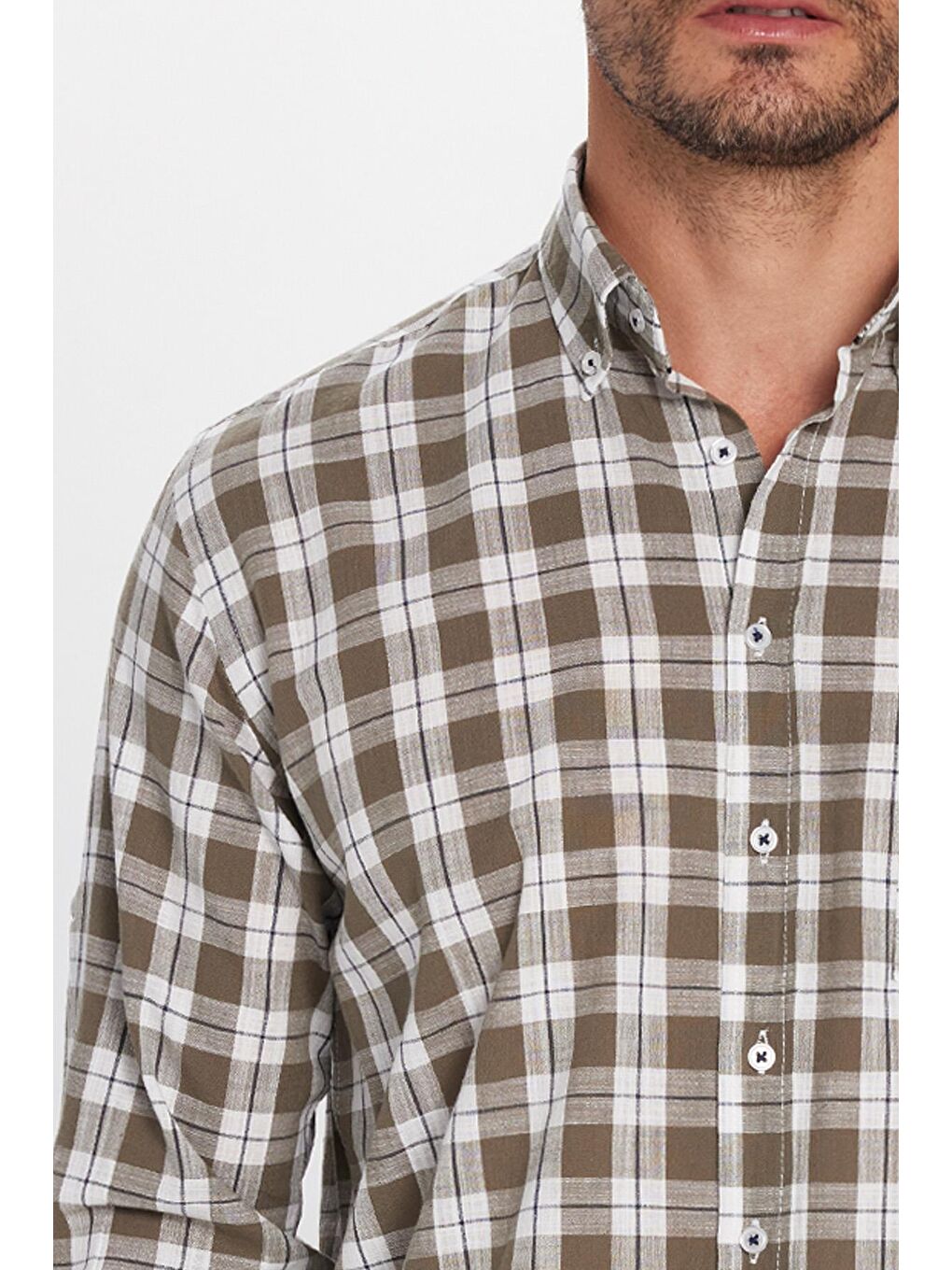 Karışık Erkek Regular Fit Klasik Kesim %100 Pamuk Keten Doku Tek Cepli Kareli Düğmeli Yaka Gömlek-3