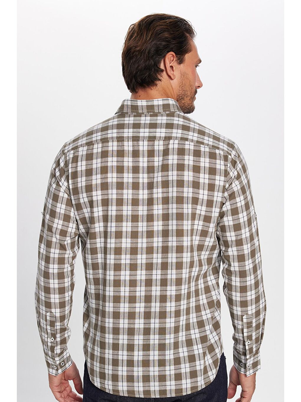 Karışık Erkek Regular Fit Klasik Kesim %100 Pamuk Keten Doku Tek Cepli Kareli Düğmeli Yaka Gömlek-4