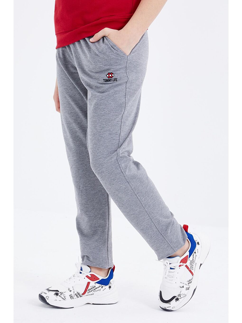 Gri Melanj Bağcıklı Dar Paça Basic Erkek Çocuk Eşofman Alt - 10858-1