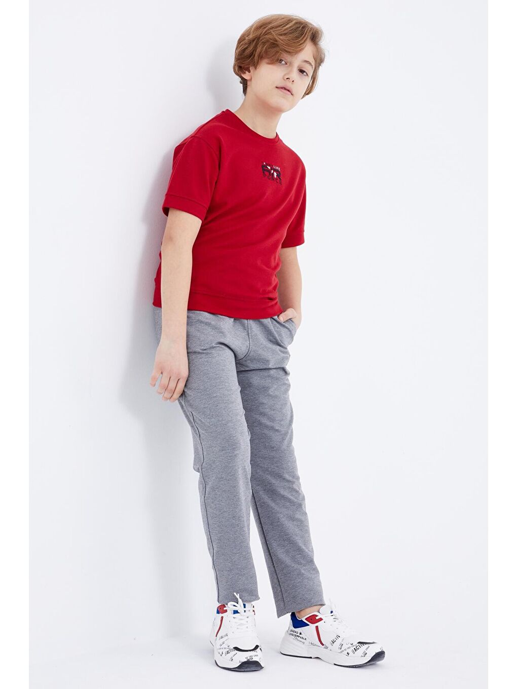 Gri Melanj Bağcıklı Dar Paça Basic Erkek Çocuk Eşofman Alt - 10858-2