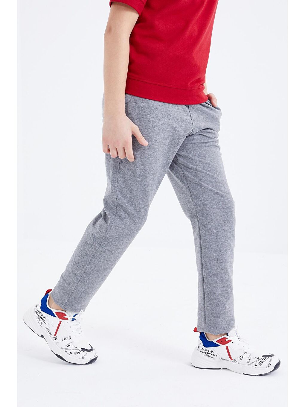 Gri Melanj Bağcıklı Dar Paça Basic Erkek Çocuk Eşofman Alt - 10858-3