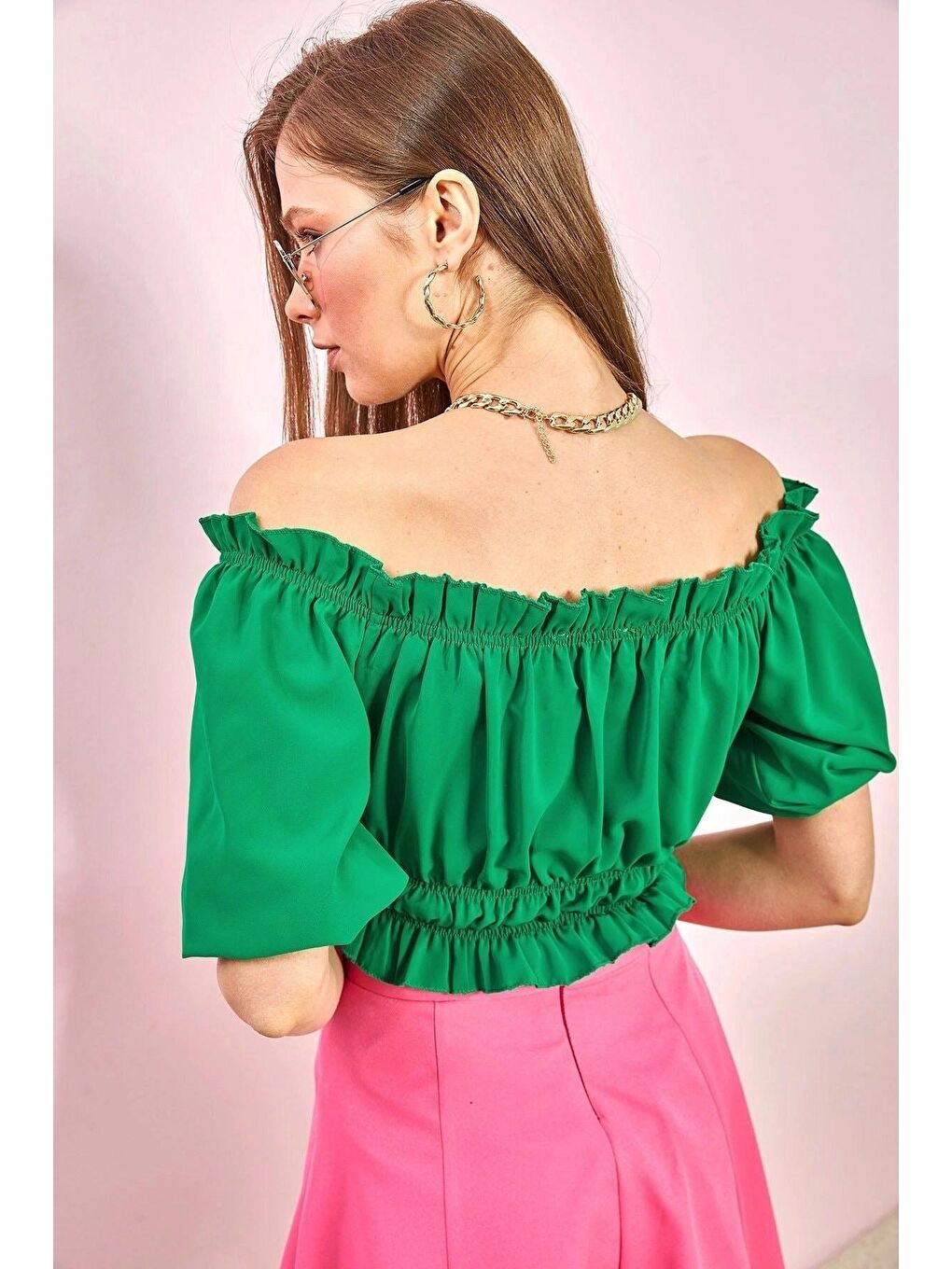 Yeşil Kadın Önü Bağcıklı Jessica Kumaş Madonna Yaka Bluz-4
