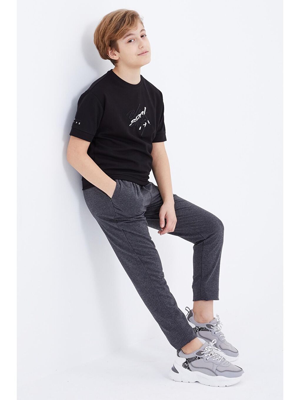 Antrasit Melanj Bağcıklı Dar Paça Basic Erkek Çocuk Eşofman Alt - 10858