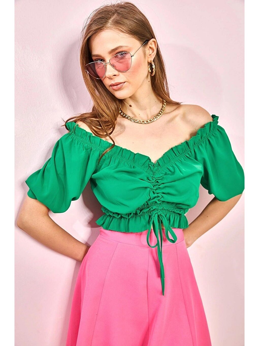 Yeşil Kadın Önü Bağcıklı Jessica Kumaş Madonna Yaka Bluz-1