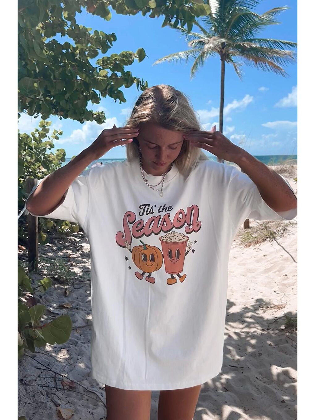 Beyaz Baskılı Bisiklet Yaka Kadın Tişört Mg1776-1