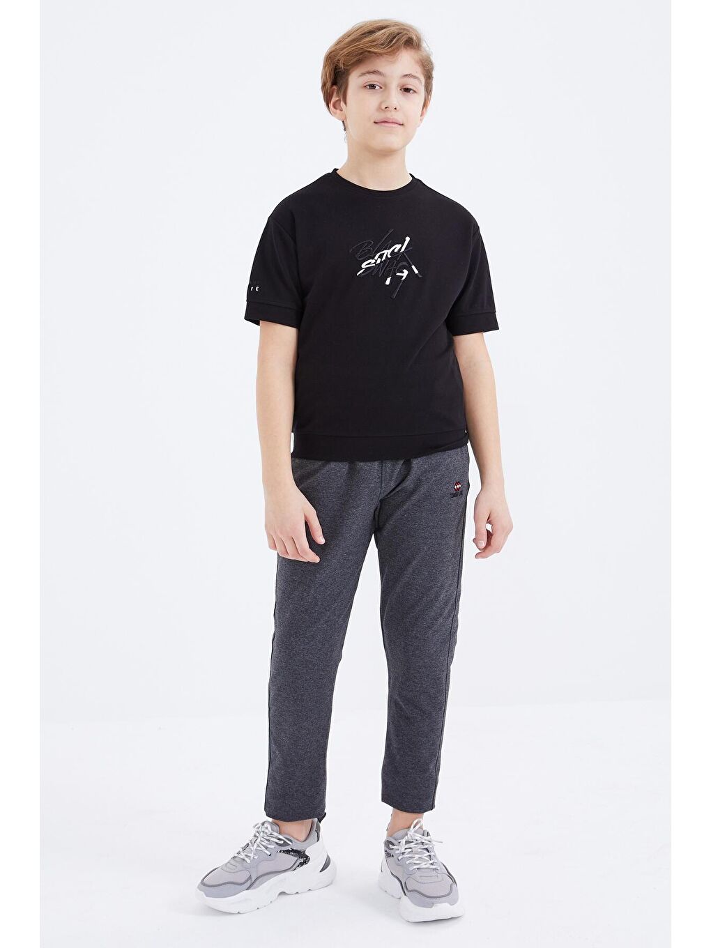 Antrasit Melanj Bağcıklı Dar Paça Basic Erkek Çocuk Eşofman Alt - 10858-4