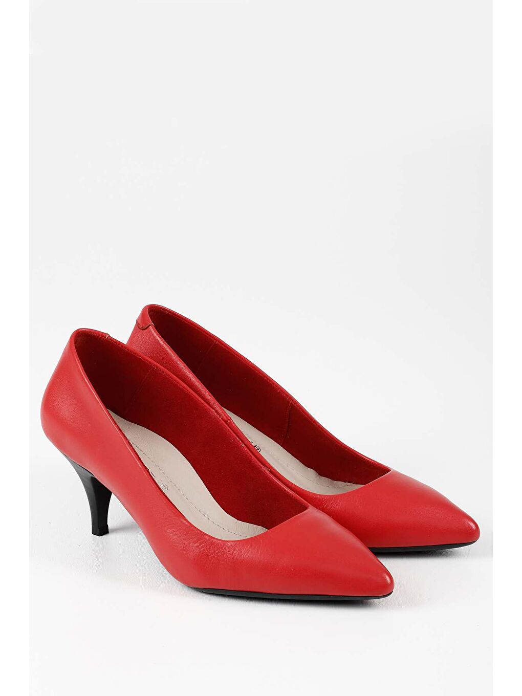 Kırmızı Hakiki Deri Sivri Burun İnce Orta Topuklu Stiletto Kadın Ayakkabı 24236-4