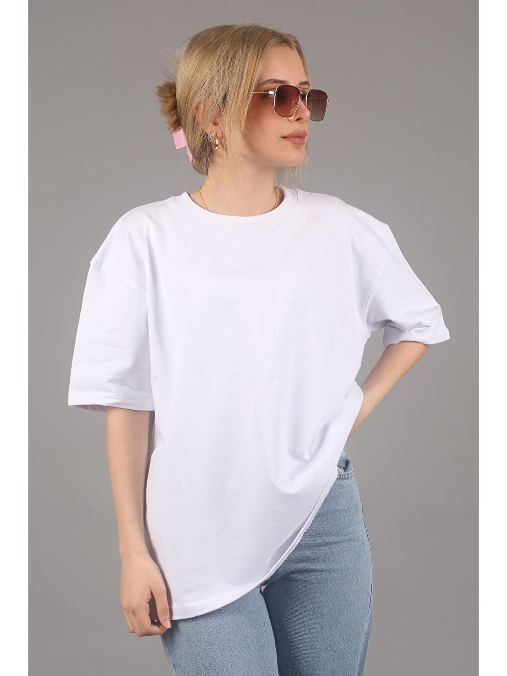 Beyaz Bisiklet Yaka Basic Oversize Tişört Mg1687-1