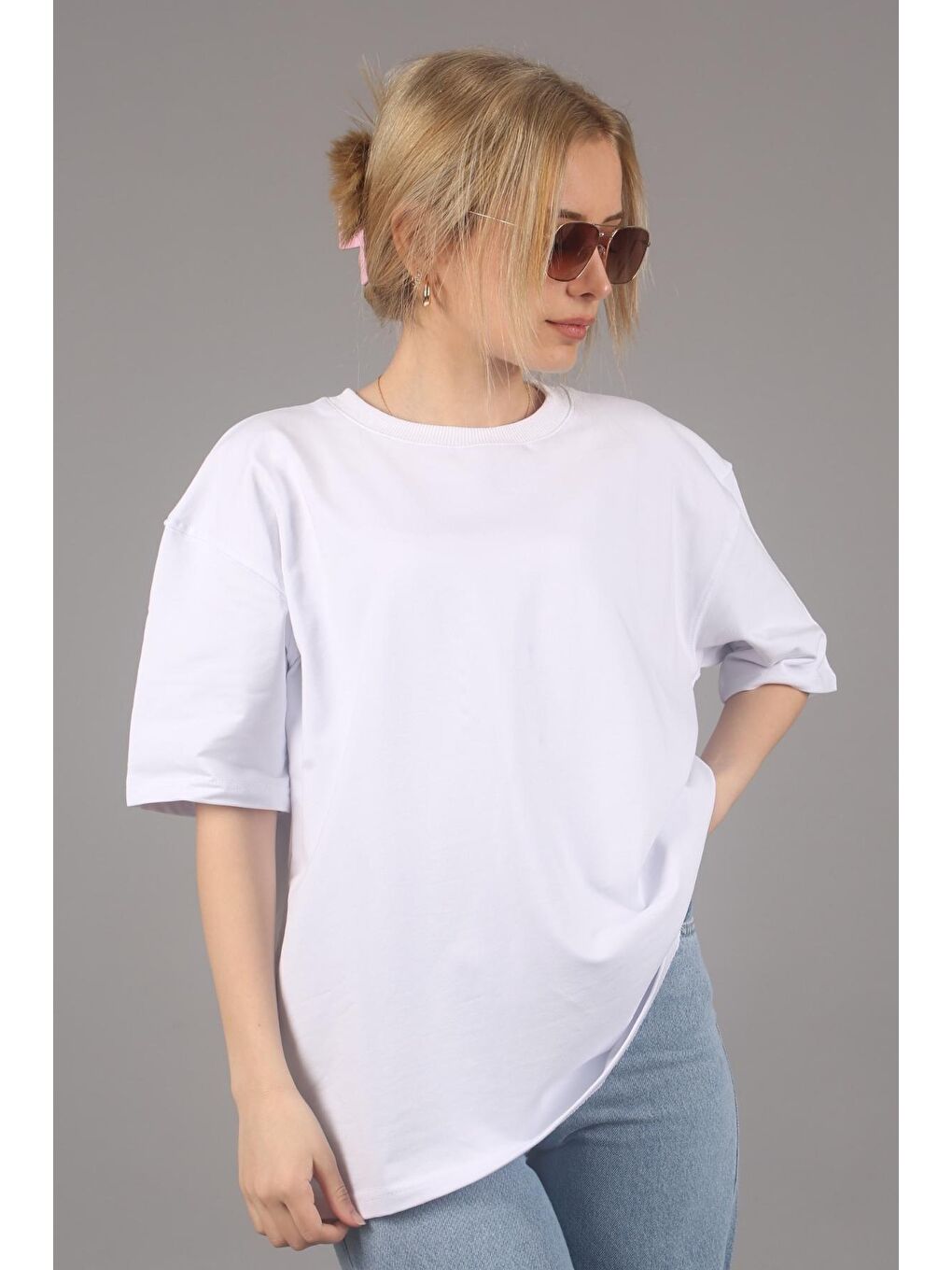 Beyaz Bisiklet Yaka Basic Oversize Tişört Mg1687-2