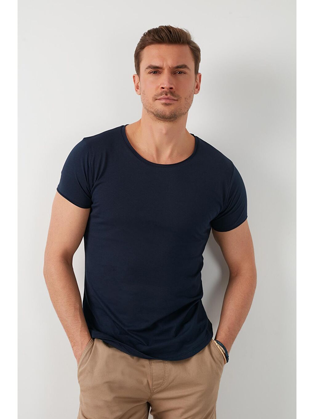 Lacivert % 100 Pamuklu Bisiklet Yaka Basic Tişört 5412056-2