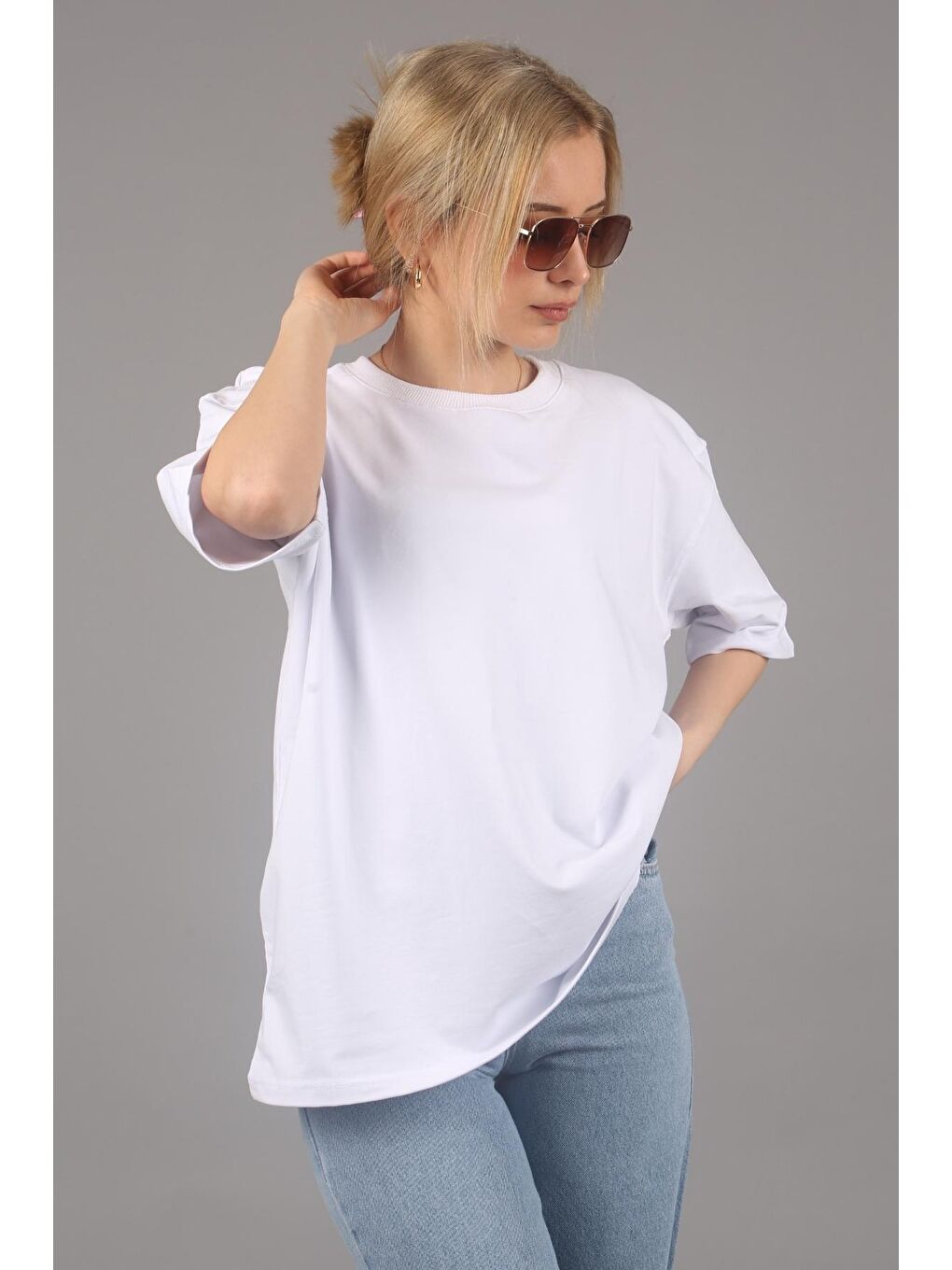 Beyaz Bisiklet Yaka Basic Oversize Tişört Mg1687-3