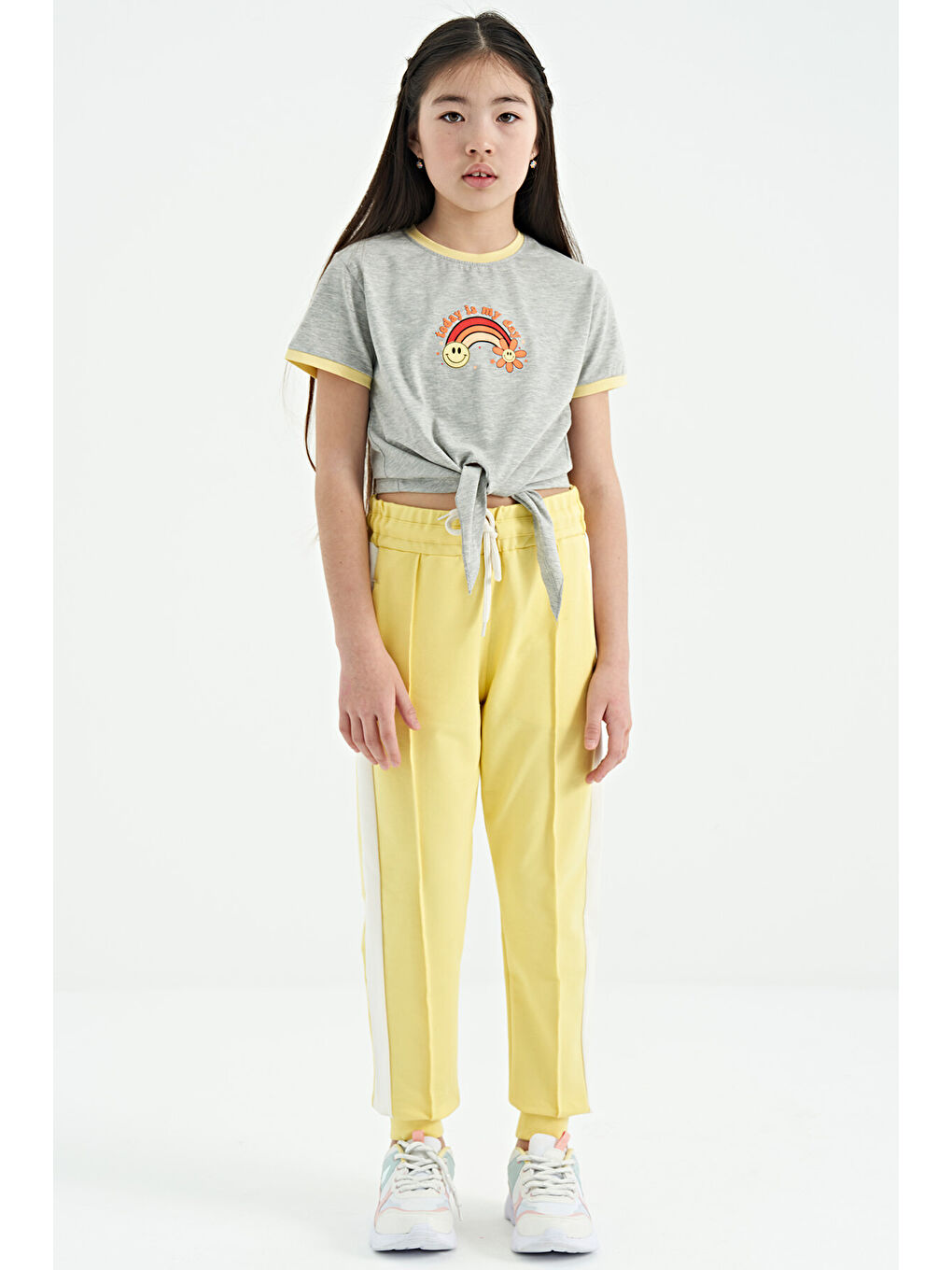 Sarı Limon Yan Bantlı Gizli Fermuar Cep Detaylı Jogger Kız Çocuk Eşofman Alt - 75122-1
