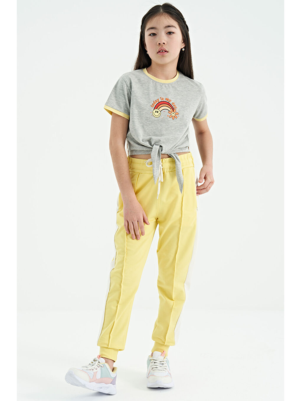 Sarı Limon Yan Bantlı Gizli Fermuar Cep Detaylı Jogger Kız Çocuk Eşofman Alt - 75122-3