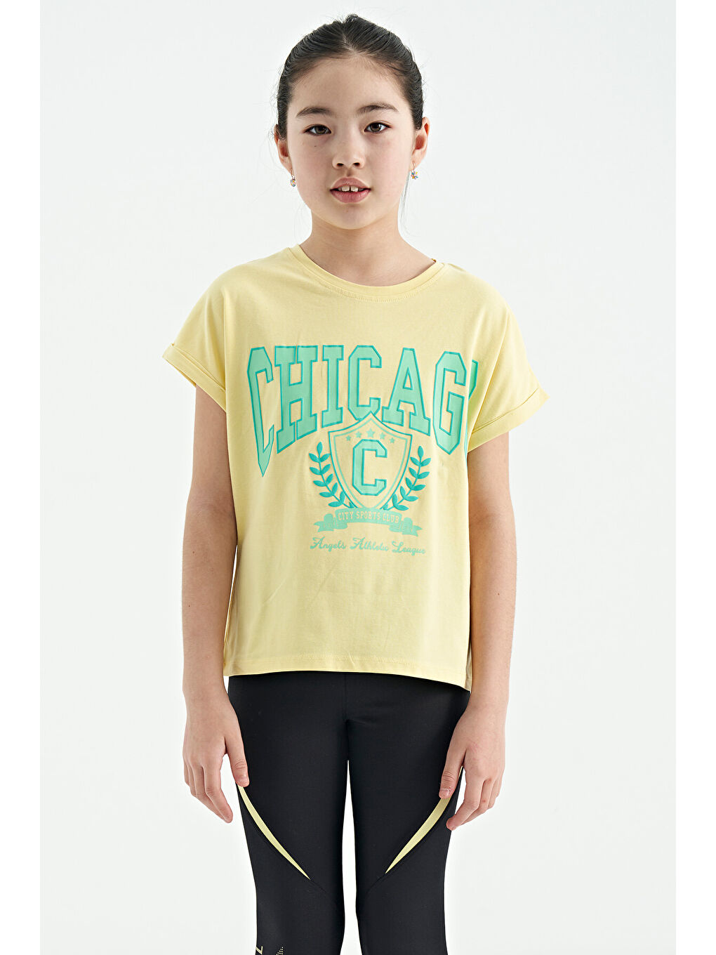 Sarı O Yaka Düşük Omuzlu Rahat Form Kısa Kollu Kız Çocuk Tişört - 75128