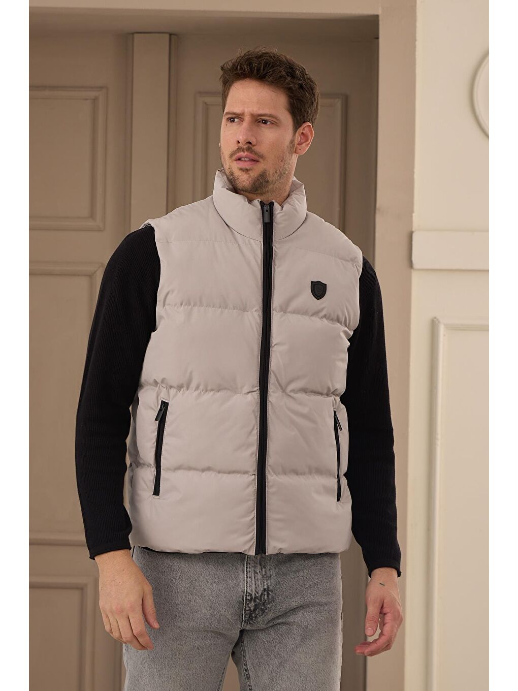 Bej Erkek Su Geçirmez Şişme Yelek Taş
