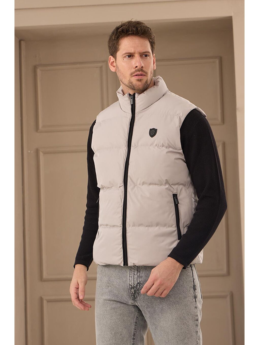 Bej Erkek Su Geçirmez Şişme Yelek Taş-2