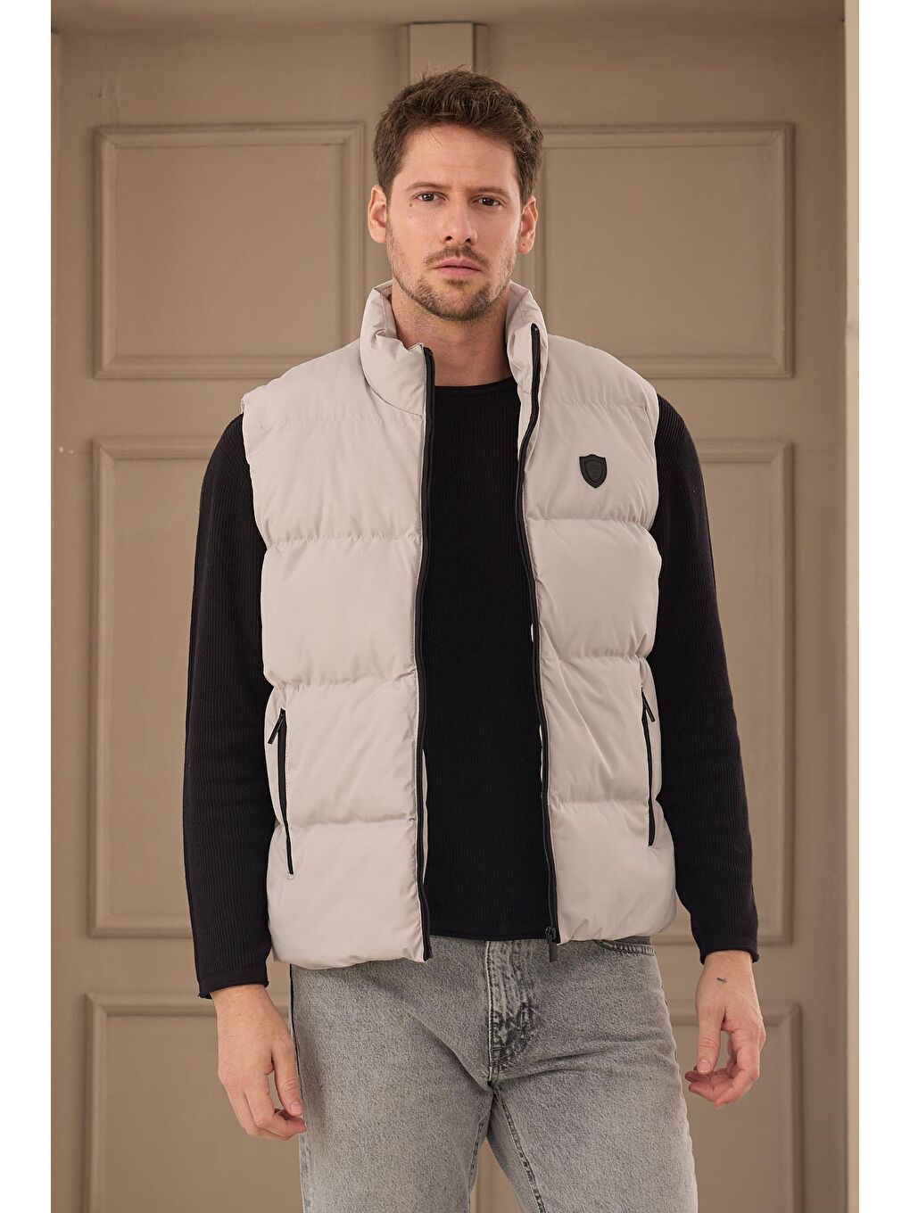 Bej Erkek Su Geçirmez Şişme Yelek Taş-3