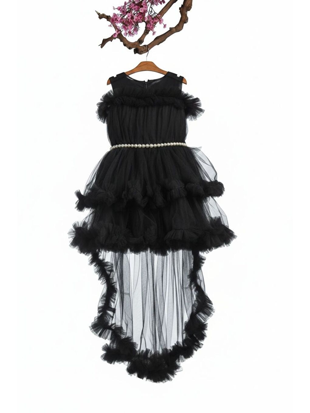 Siyah Kız Çocuk Kat Kat Tüllü Kuyruklu Prenses Elbise