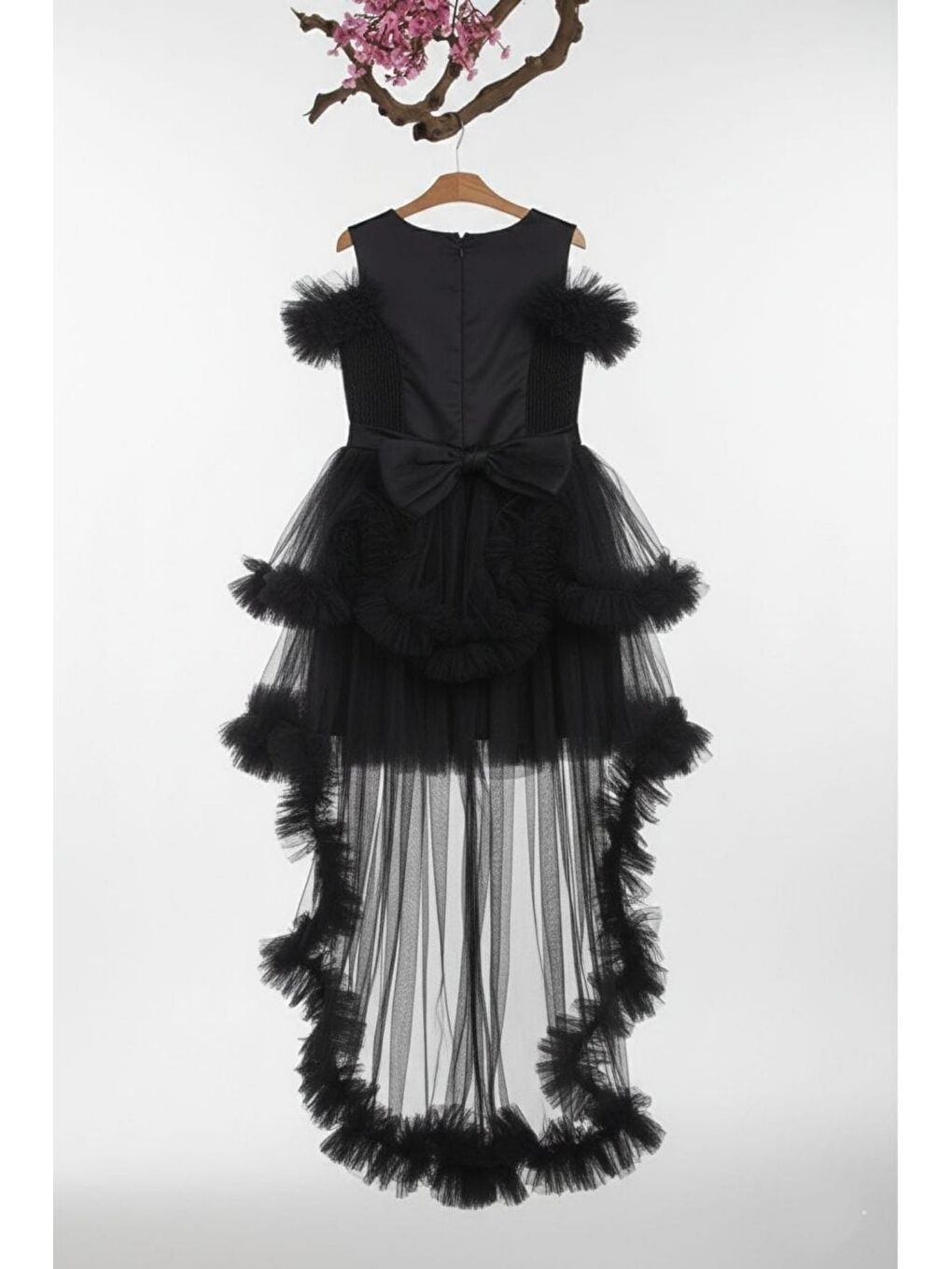 Siyah Kız Çocuk Kat Kat Tüllü Kuyruklu Prenses Elbise-1
