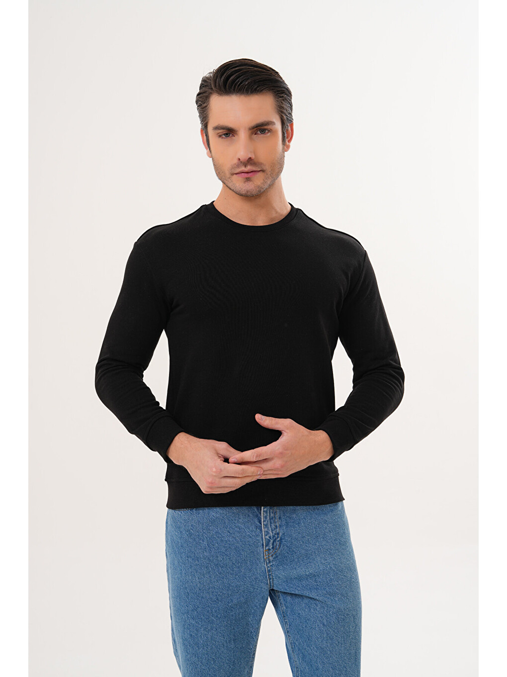 Siyah Unisex Bisiklet Yaka %100 Pamuk Basic Sweatshirt-1