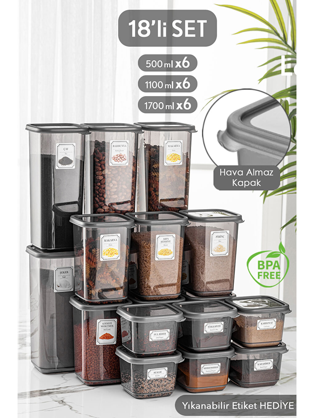 18'li Set Kapaklı Kare Erzak Saklama Kabı Antrasit 6x(0,50 lt-1,10 lt -1,70 lt) ETİKETLİ