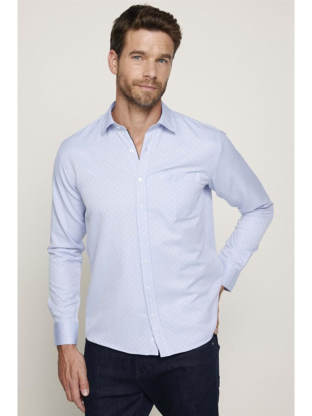 Klasik Fit Uzun Kol Oxford Doku Armürlü Erkek Mavi Gömlek