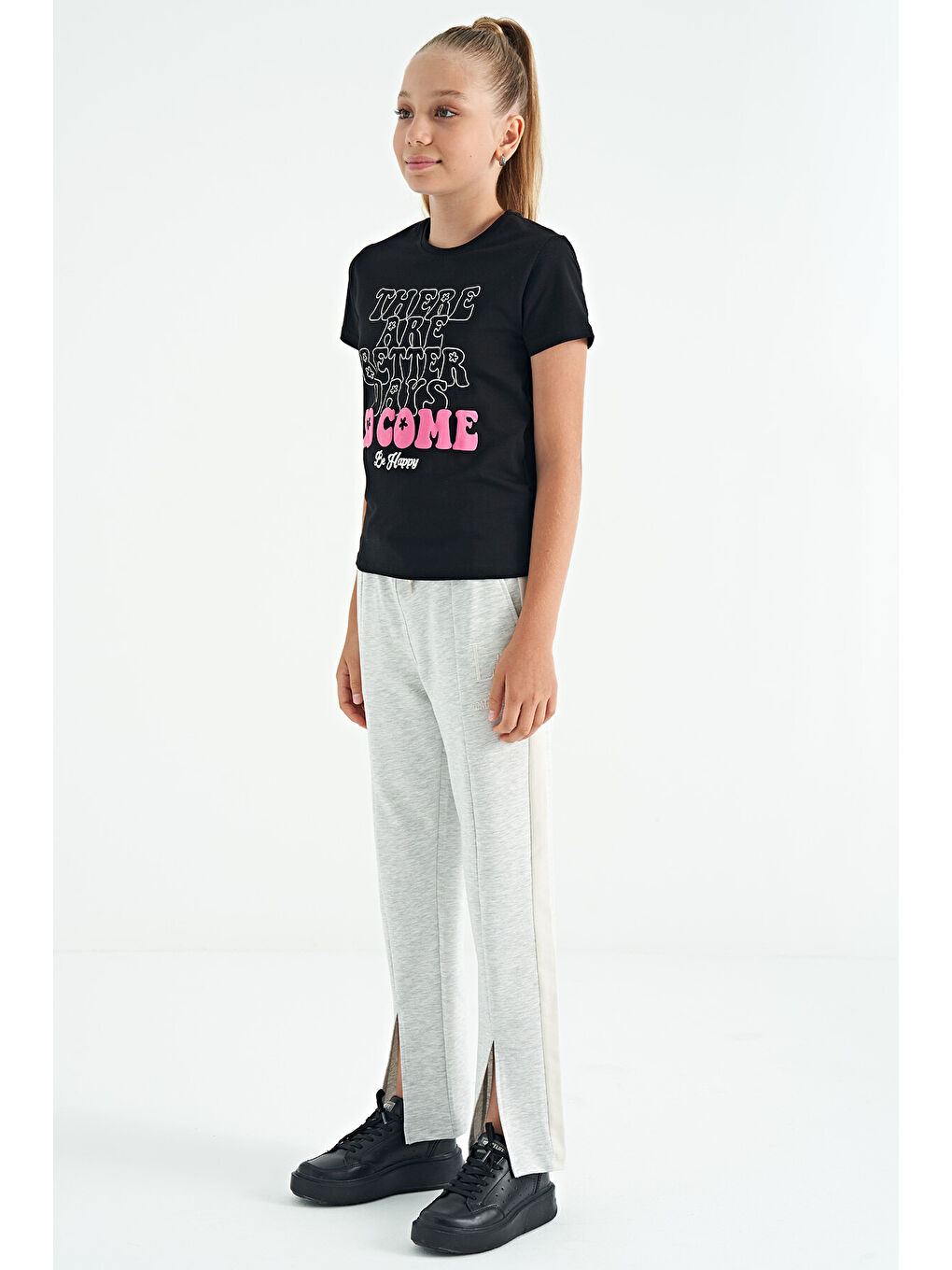 Beyaz Kar Melanj Yazı Nakış Detaylı Bağcıklı Rahat Kalıp Kız Çocuk Eşofman Alt - 75121-4