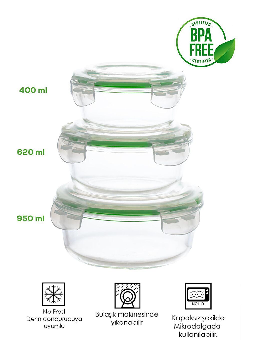 Yeşil Por Kilitli Sızdırmaz Kapaklı  Cam 6'lı Gıda Erzak Yiyecek Saklama Kabı Seti -950-620-400ml-1