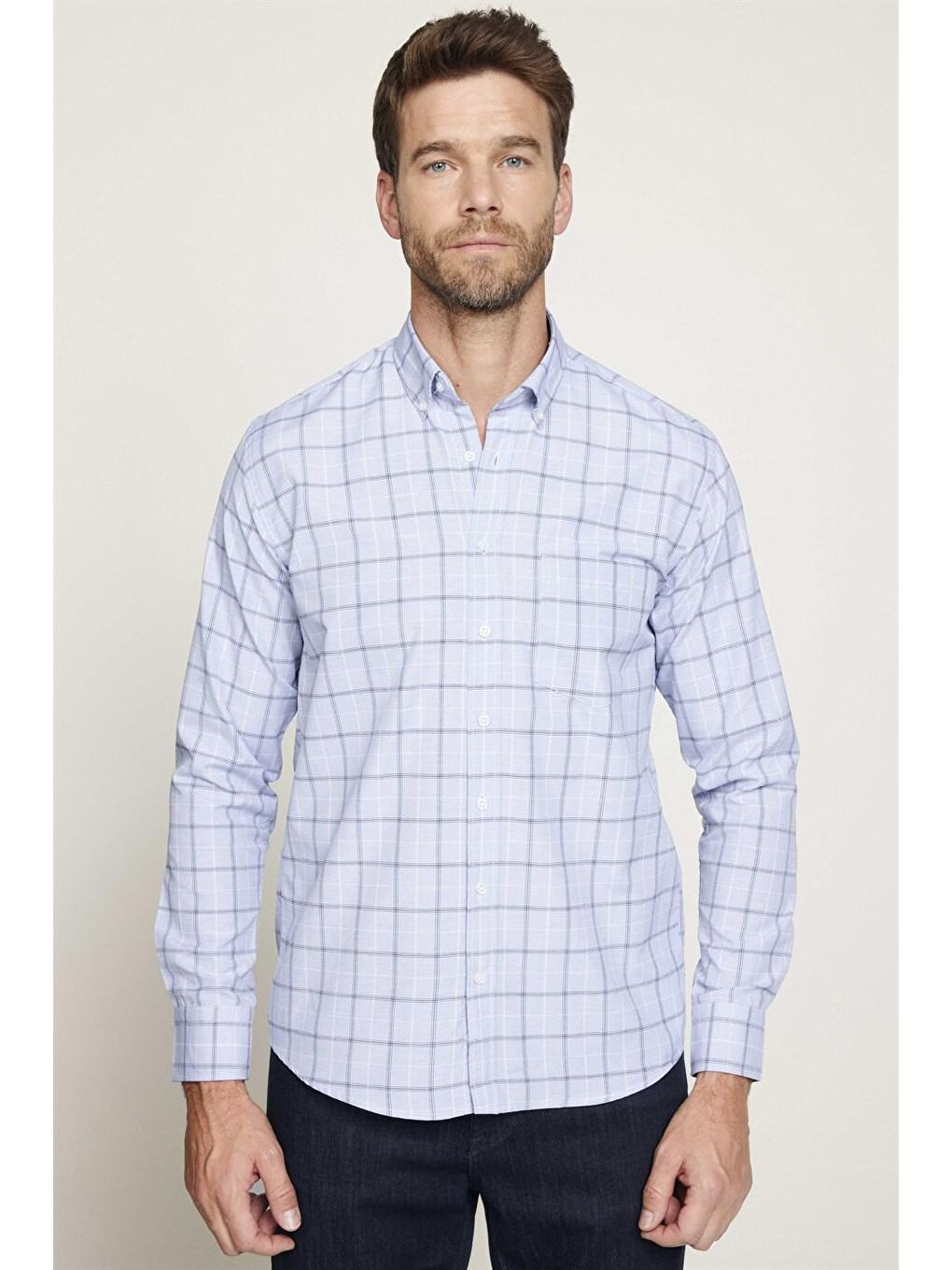 Klasik Fit Düğmeli Yaka Küçük Kareli Pamuklu Erkek Mavi Gömlek-1