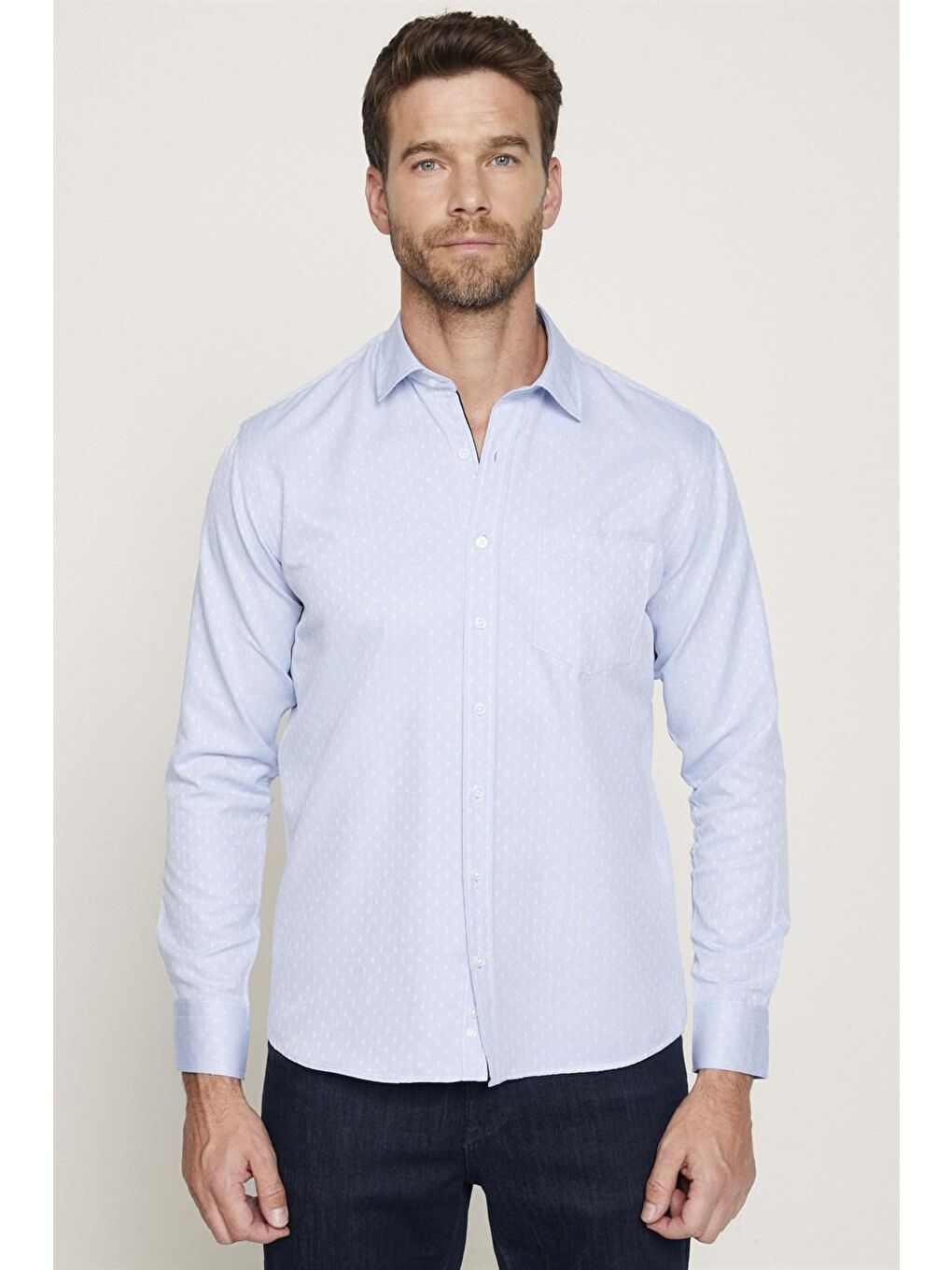 Klasik Fit Uzun Kol Oxford Doku Armürlü Erkek Mavi Gömlek-1