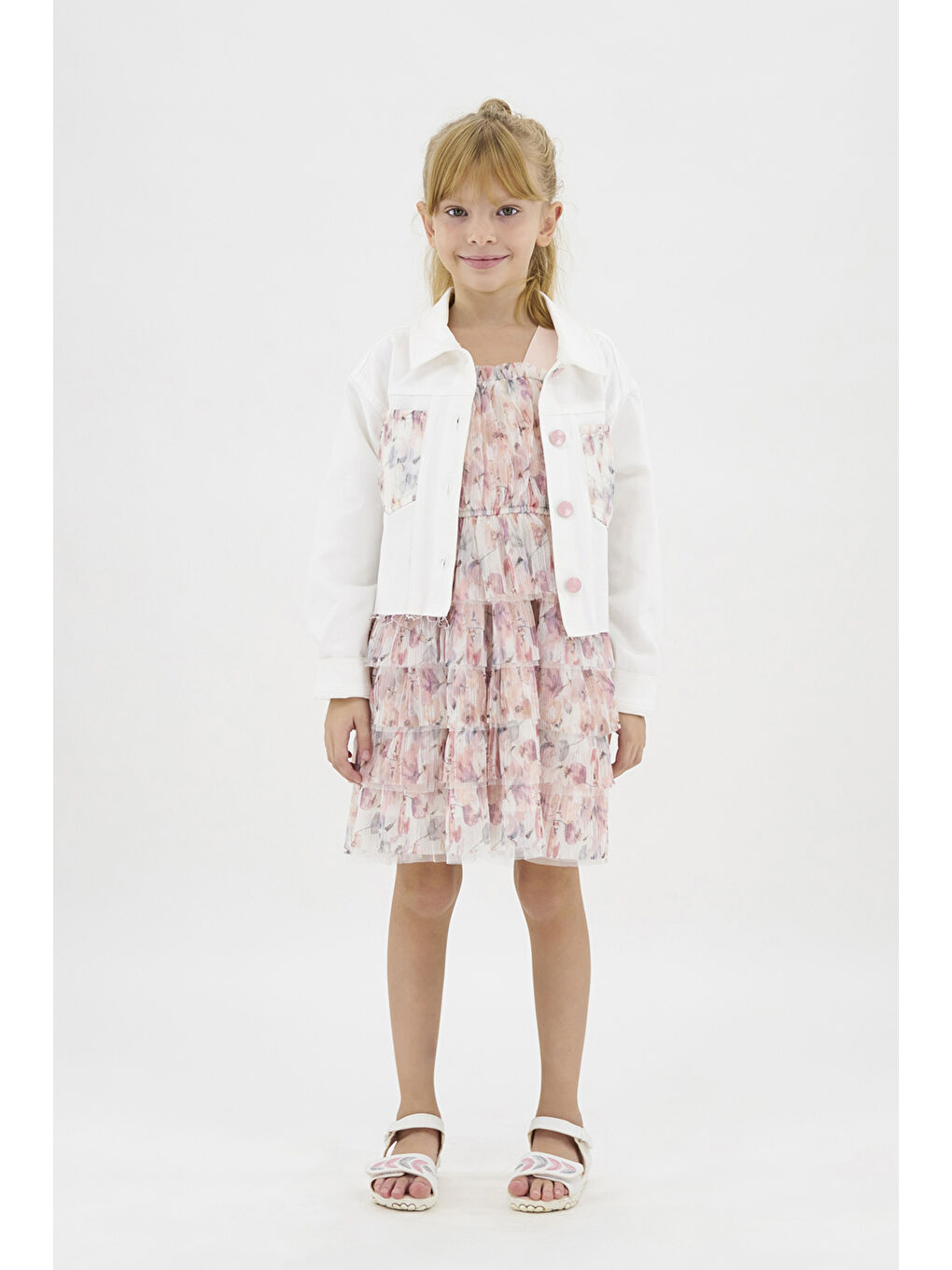 Kız Çocuk Cebi Tül Detaylı Ekru Ceket