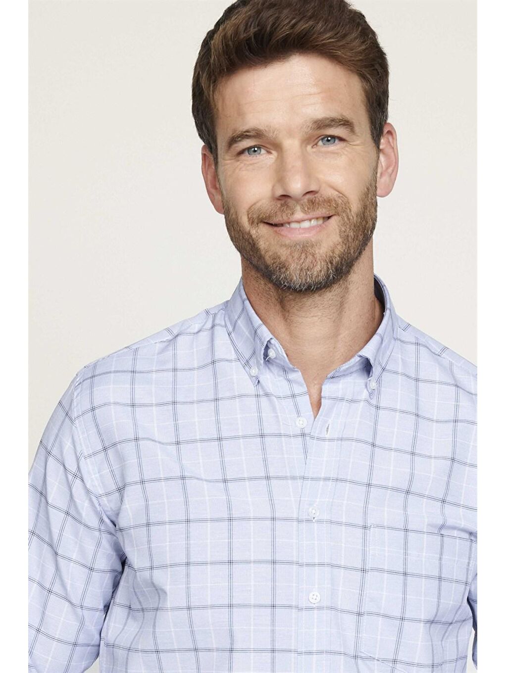 Klasik Fit Düğmeli Yaka Küçük Kareli Pamuklu Erkek Mavi Gömlek-2