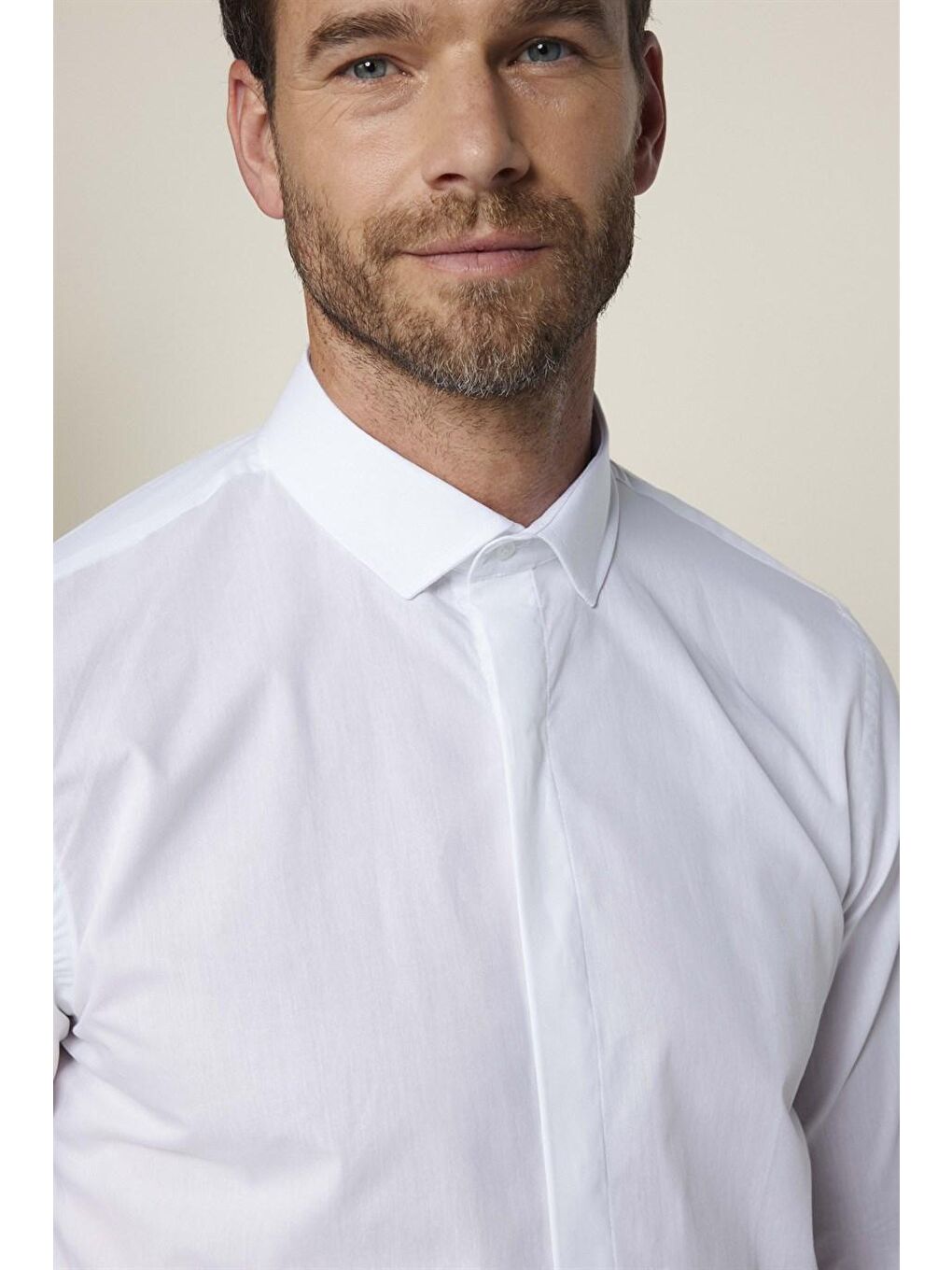 Slim Fit Uzun Kol Gizli Pat %100 Pamuk Poplin Düz Beyaz Gömlek-2