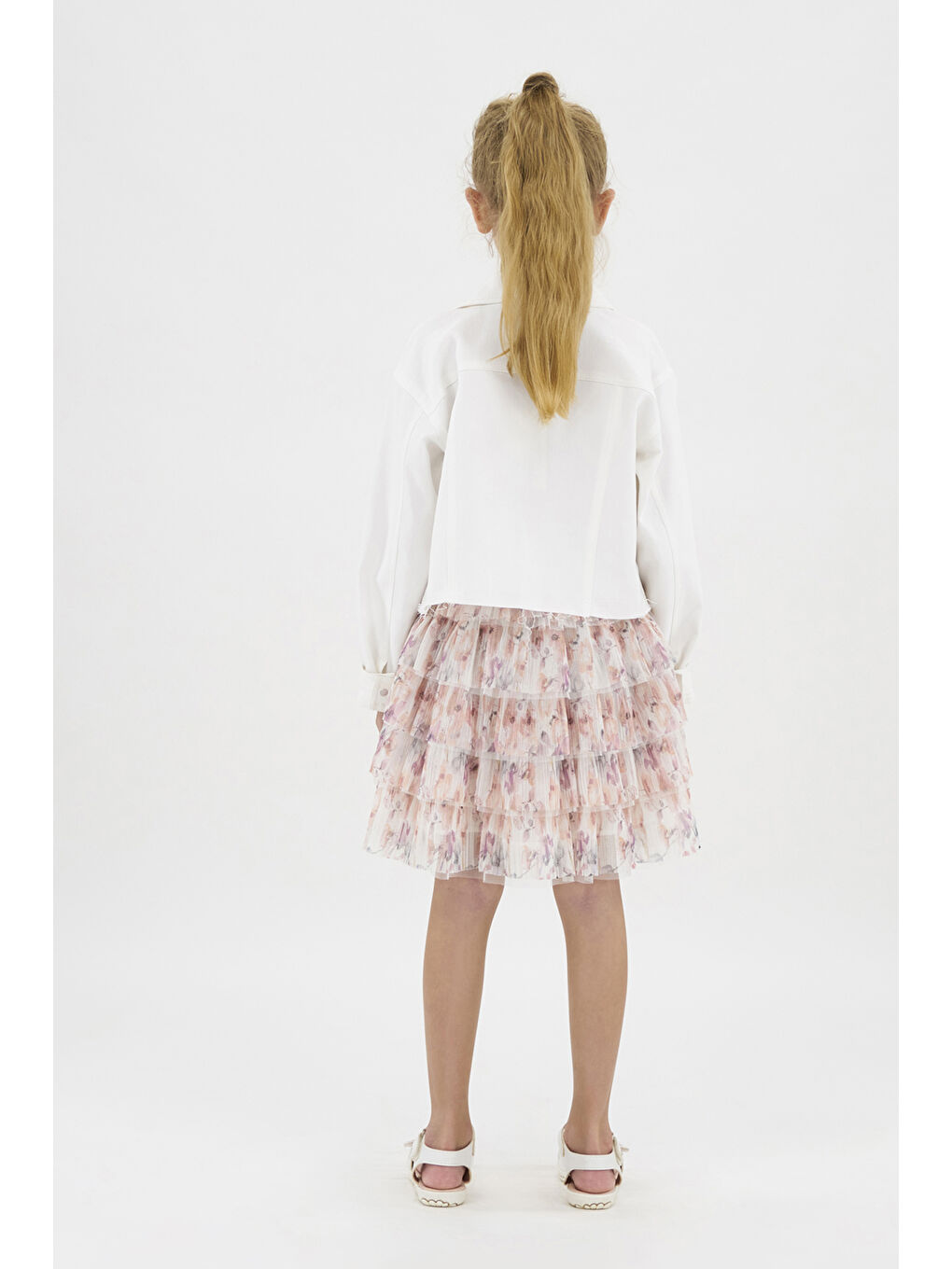 Kız Çocuk Cebi Tül Detaylı Ekru Ceket-1