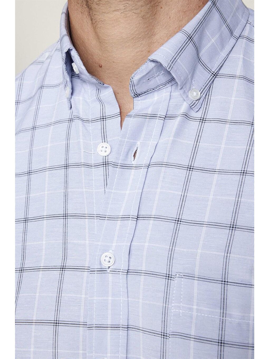 Klasik Fit Düğmeli Yaka Küçük Kareli Pamuklu Erkek Mavi Gömlek-3